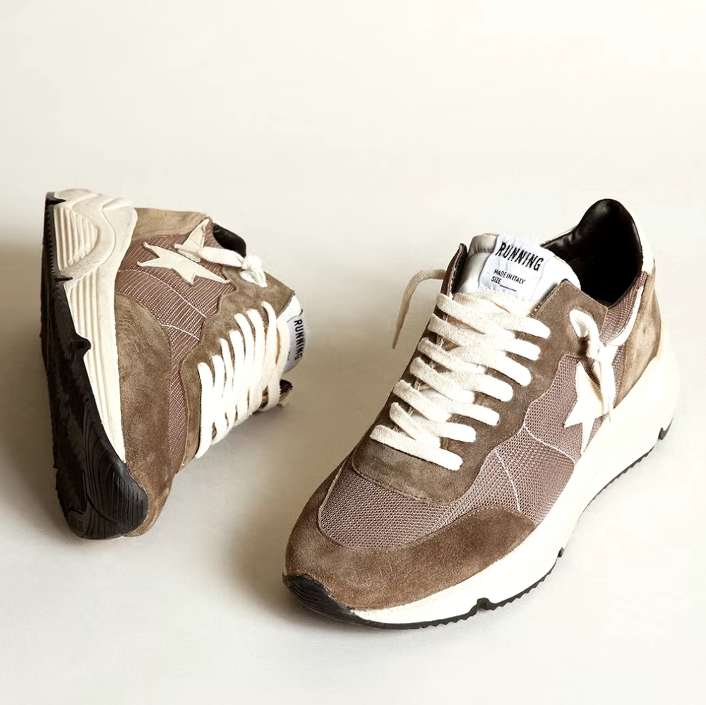 Golden Goose Running Sole Sneakers in Olive-Green Mesh and Leather - Picture 2 of 12